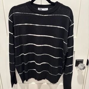 Zara Black and White Crew Neck Sweater with Stripes
